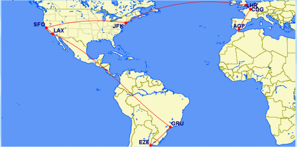 Delta Open Jaw (booked last February) SFO-LAX-GRU-EZE, EZE-GIG, AGP-CDG-LHR-JFK-SFO