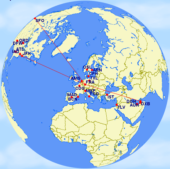 Again, going to the Middle East or India, you could stop in any of a dozen cities in Europe on the way and still not break MPM (Courtesy: gcmap.com)